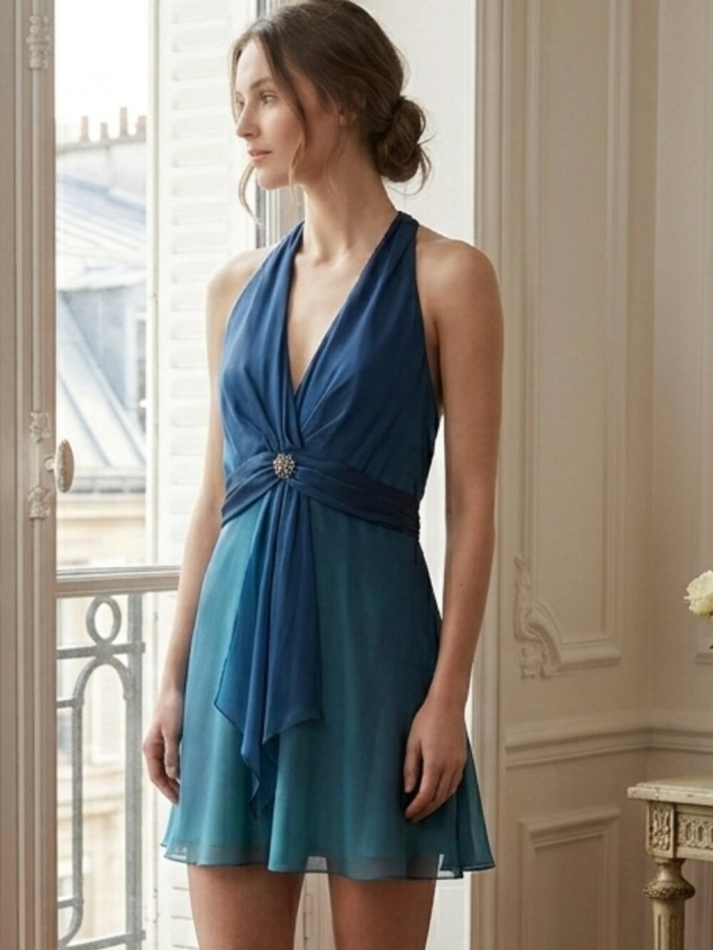 NWT Maggy London Blue  Ombre Halter Cocktail Dress with Knot Detail Size 16